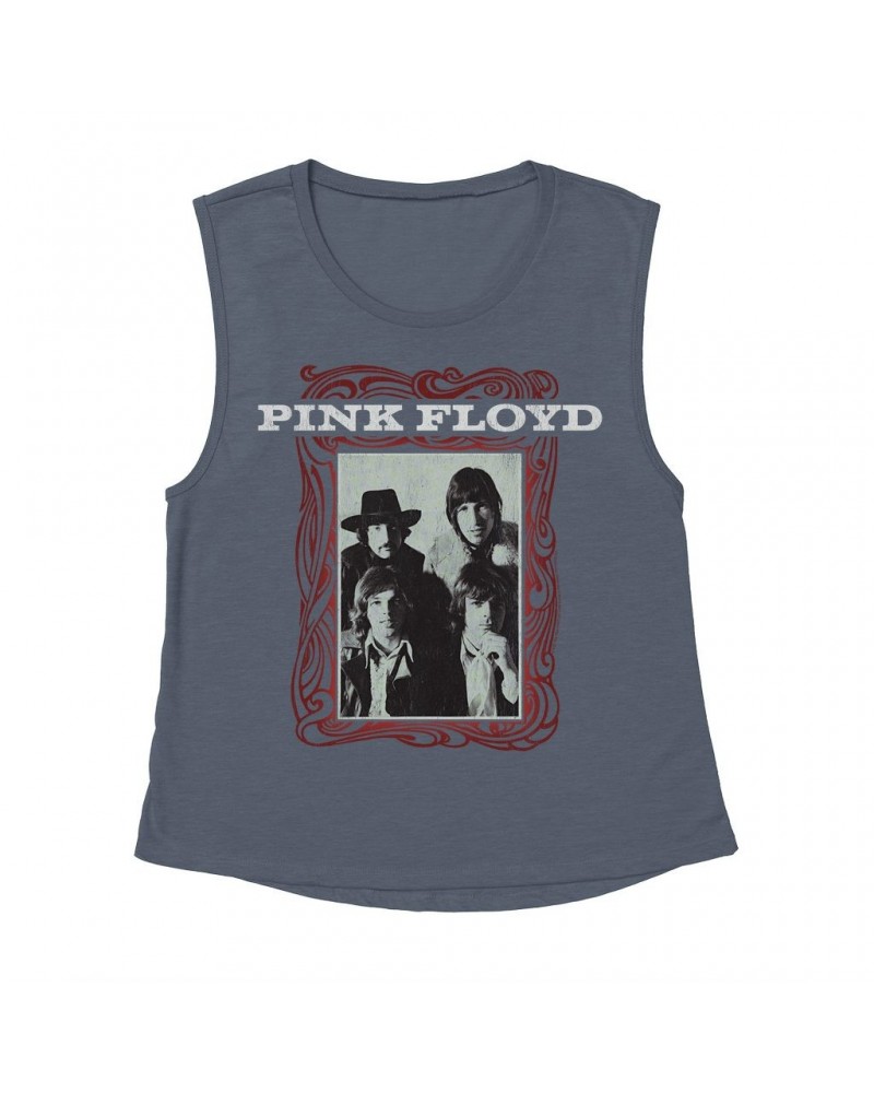 Pink Floyd Ladies' Muscle Tank Top | Point Me To The Sky Framed Album Art Distressed Shirt $12.52 Shirts