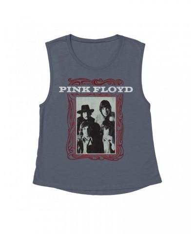 Pink Floyd Ladies' Muscle Tank Top | Point Me To The Sky Framed Album Art Distressed Shirt $12.52 Shirts